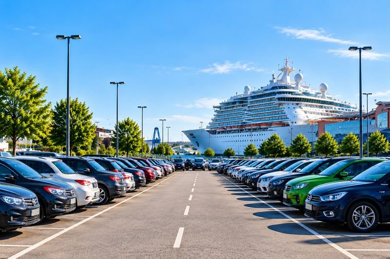 Parkplatz mit Kreuzfahrtschiff im Hintergrund