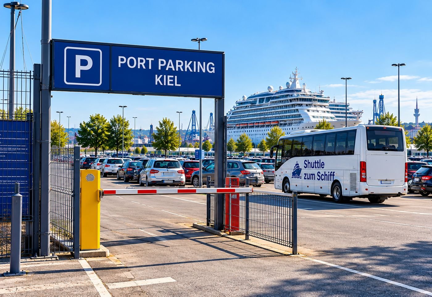 Einfahrt Port Parking Kiel mit Shuttlebus und Kreuzfahrtschiff